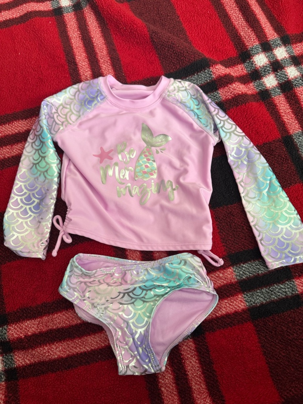 2/$15- okie dokie Pastel Pink Mermaid Rashguard Swim Set